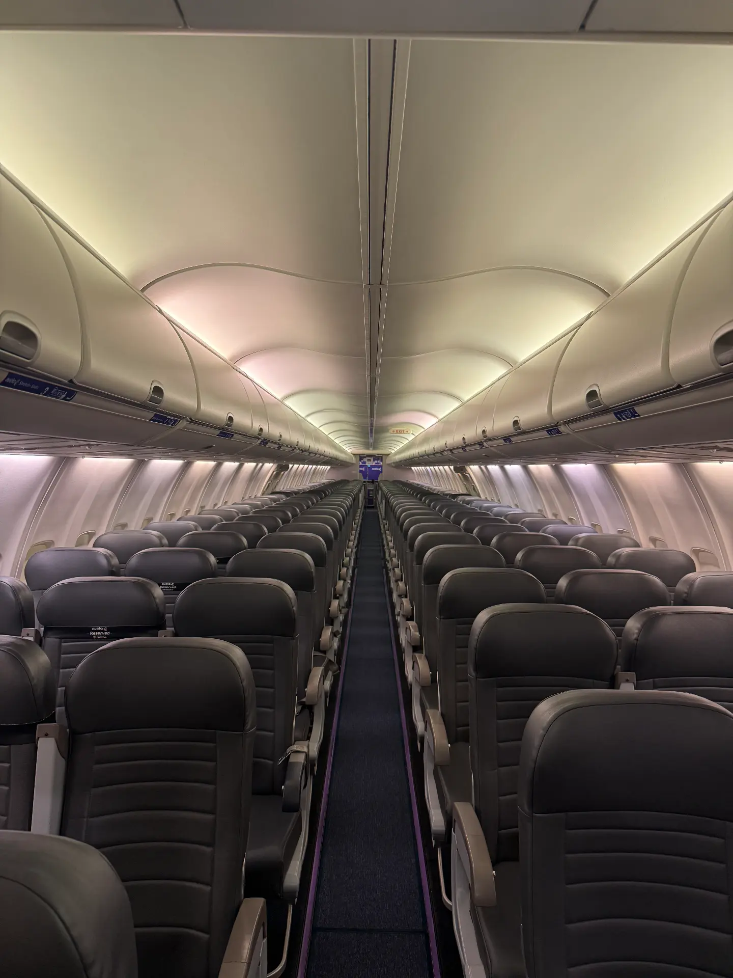 Commercial aircraft cabin aisle with rows of seats